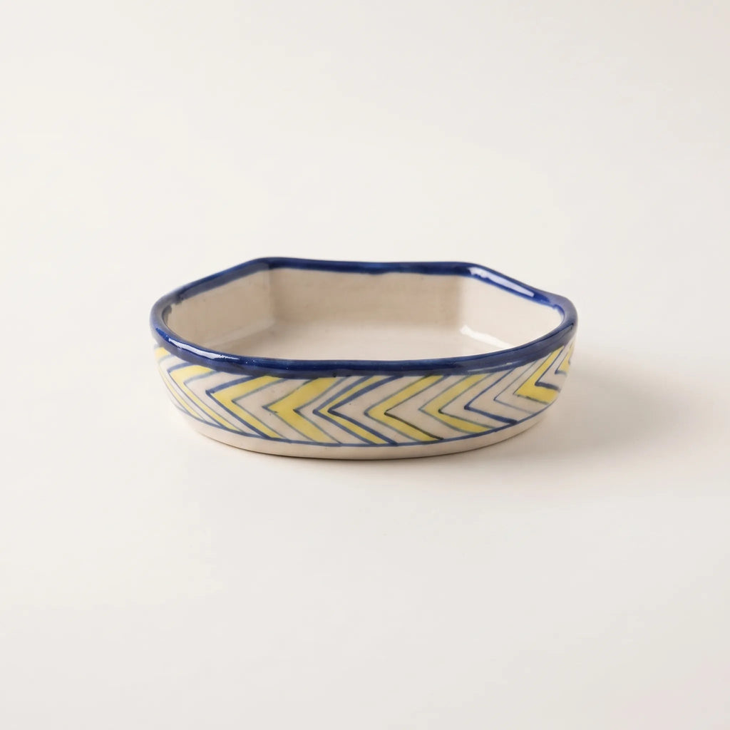 Handmade Blue Pottery Soap Dish Yellow Chevron - 6x3.5 Inch