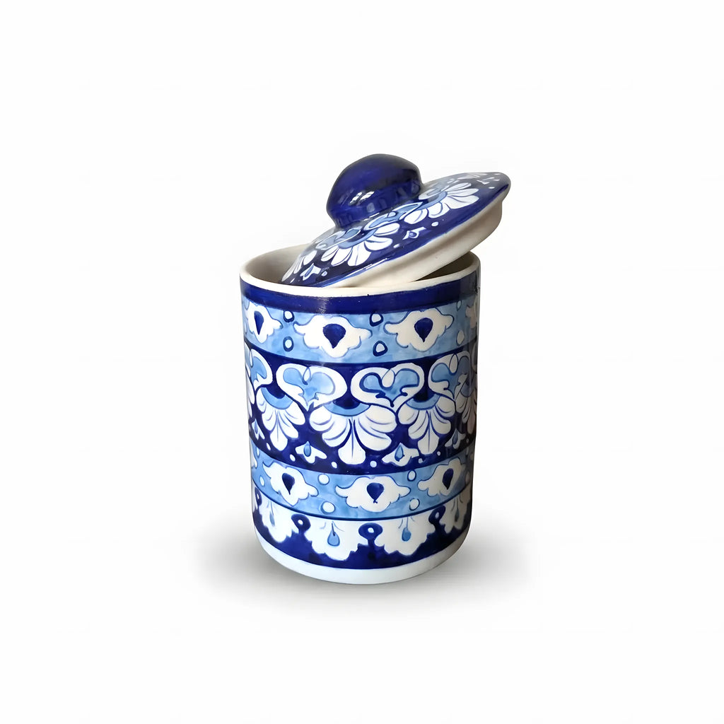 Multani Blue Pottery Canister Jar - 6" Layered Cloud & Scallop Design