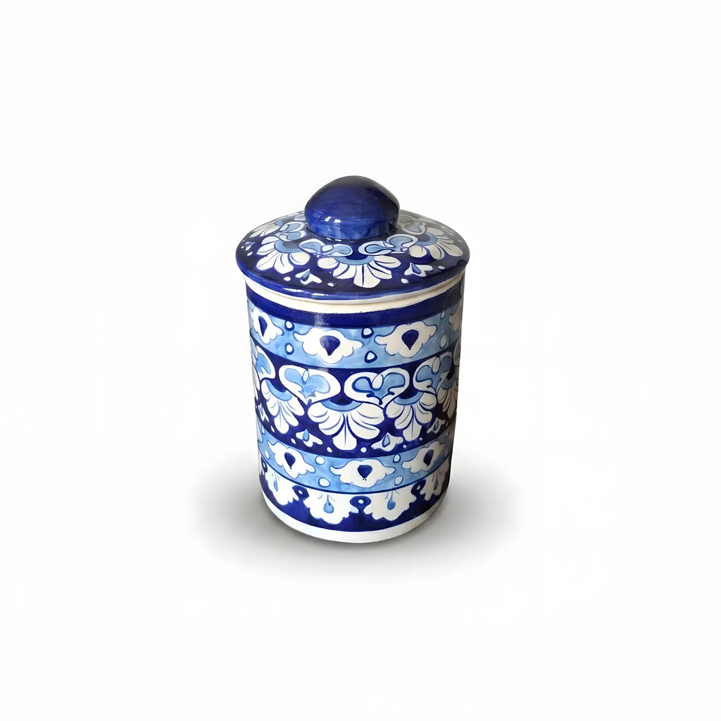 Multani Blue Pottery Canister Jar - 6" Layered Cloud & Scallop Design