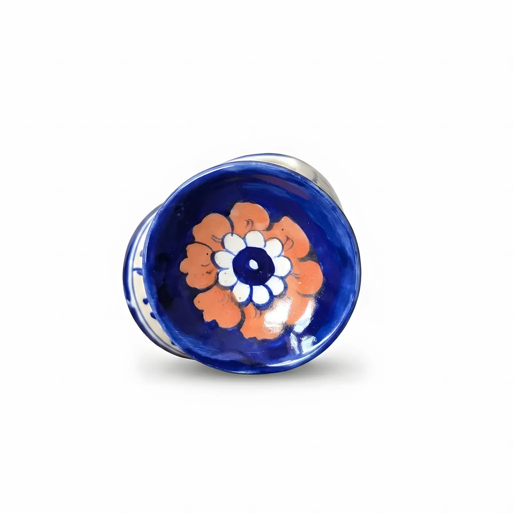 Blue Pottery Oil Burner & Mini Warmer – Hand-Painted Ceramic Tealight Diffuser (3" Floral & Orange Accent Design)