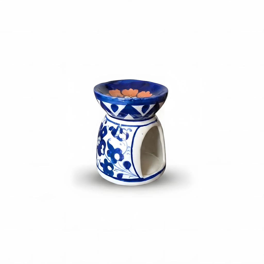 Blue Pottery Oil Burner & Mini Warmer – Hand-Painted Ceramic Tealight Diffuser (3" Floral & Orange Accent Design)