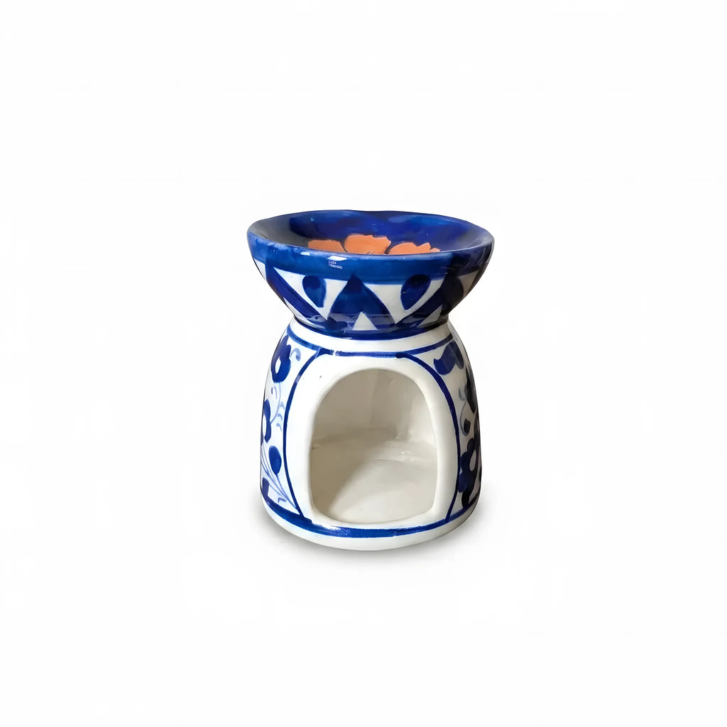 Blue Pottery Oil Burner & Mini Warmer – Hand-Painted Ceramic Tealight Diffuser (3" Floral & Orange Accent Design)
