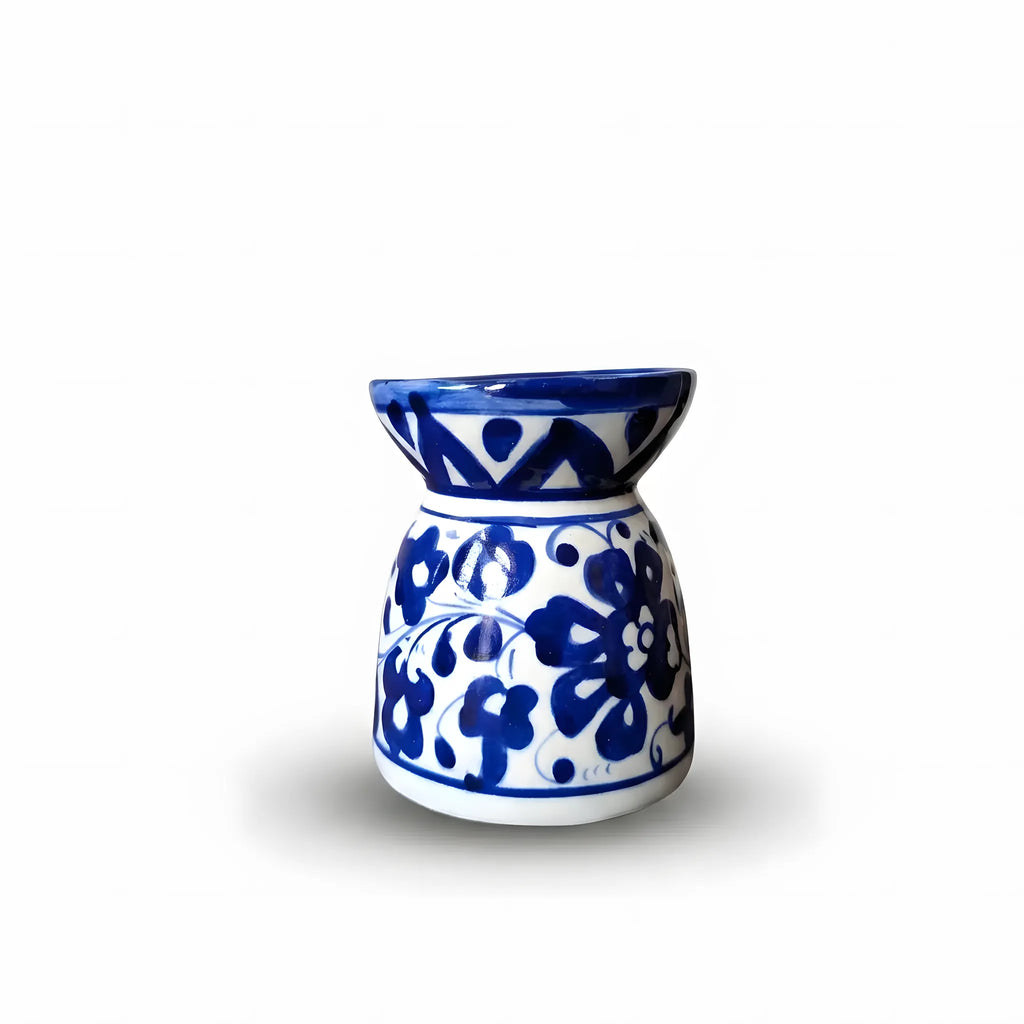 Blue Pottery Oil Burner & Mini Warmer – Hand-Painted Ceramic Tealight Diffuser (3" Floral & Orange Accent Design)