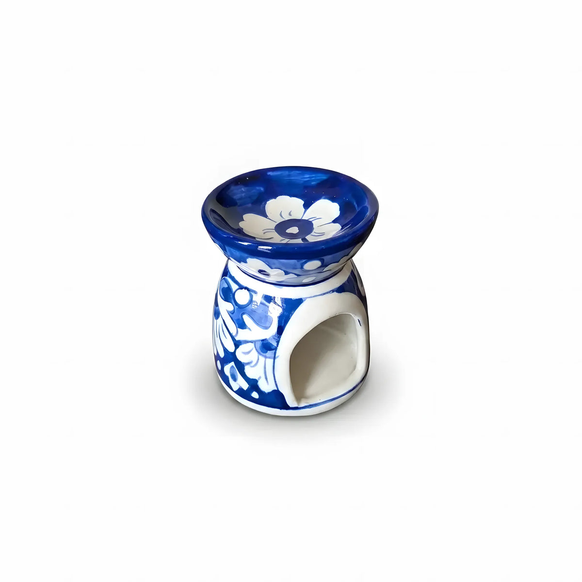 Blue Pottery Oil Burner & Mini Warmer – Hand-Painted Ceramic Tealight Diffuser (3" White Flower Design)