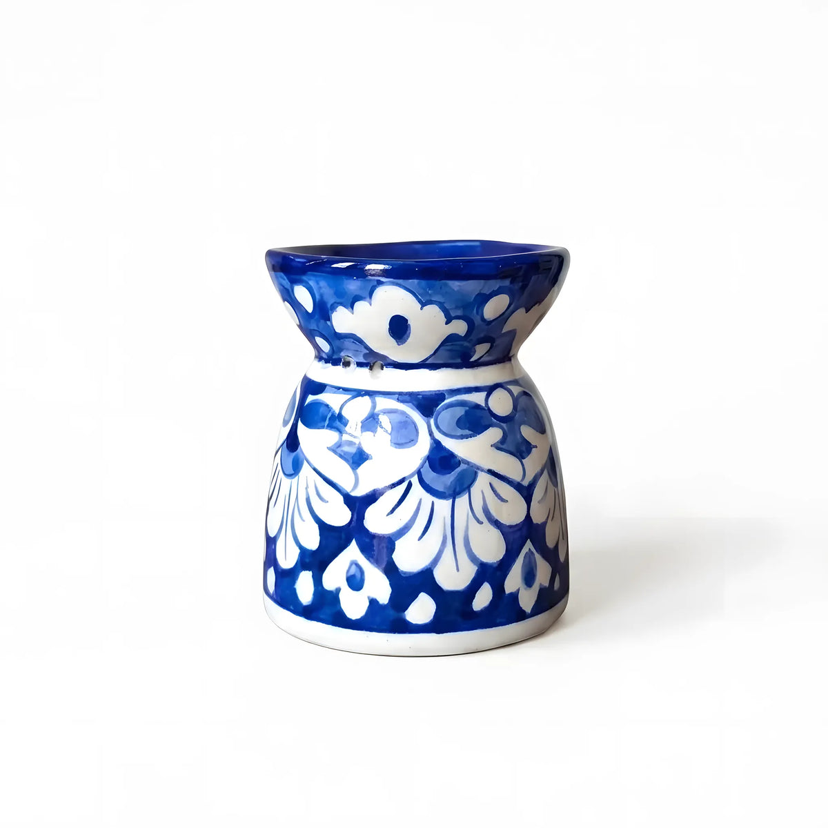 Blue Pottery Oil Burner & Mini Warmer – Hand-Painted Ceramic Tealight Diffuser (3" White Flower Design)