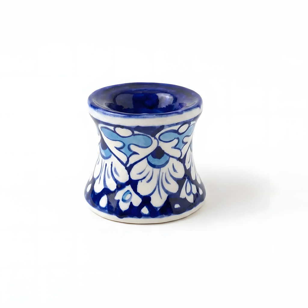Blue Pottery Ceramic Candle Stand - 3 Inch (Cobalt & Sky Blue Floral)