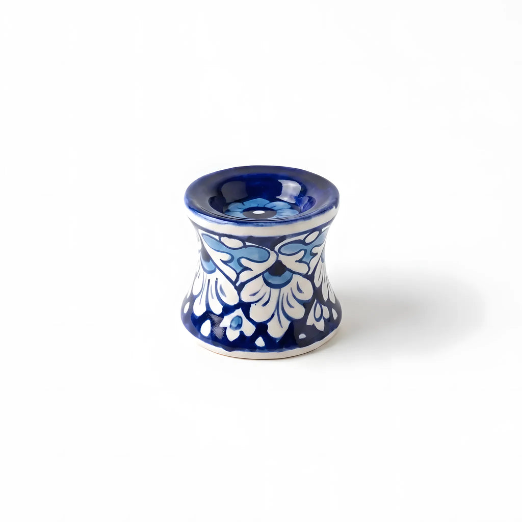 Blue Pottery Ceramic Candle Stand - 3 Inch (Cobalt & Sky Blue Floral)