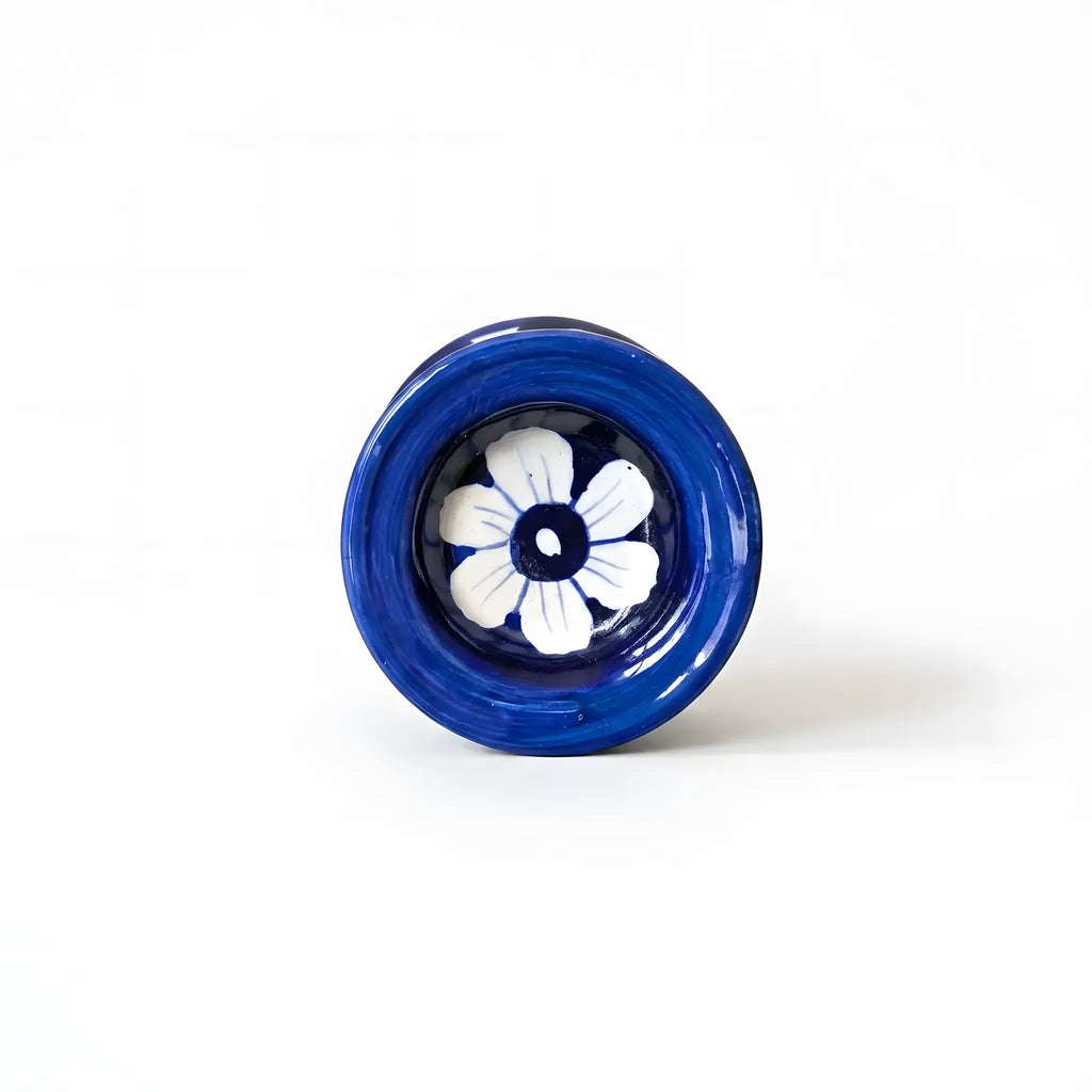 Blue Pottery Ceramic Candle Stand - 3 Inch (White Daisy & Pointed Leaf Design)