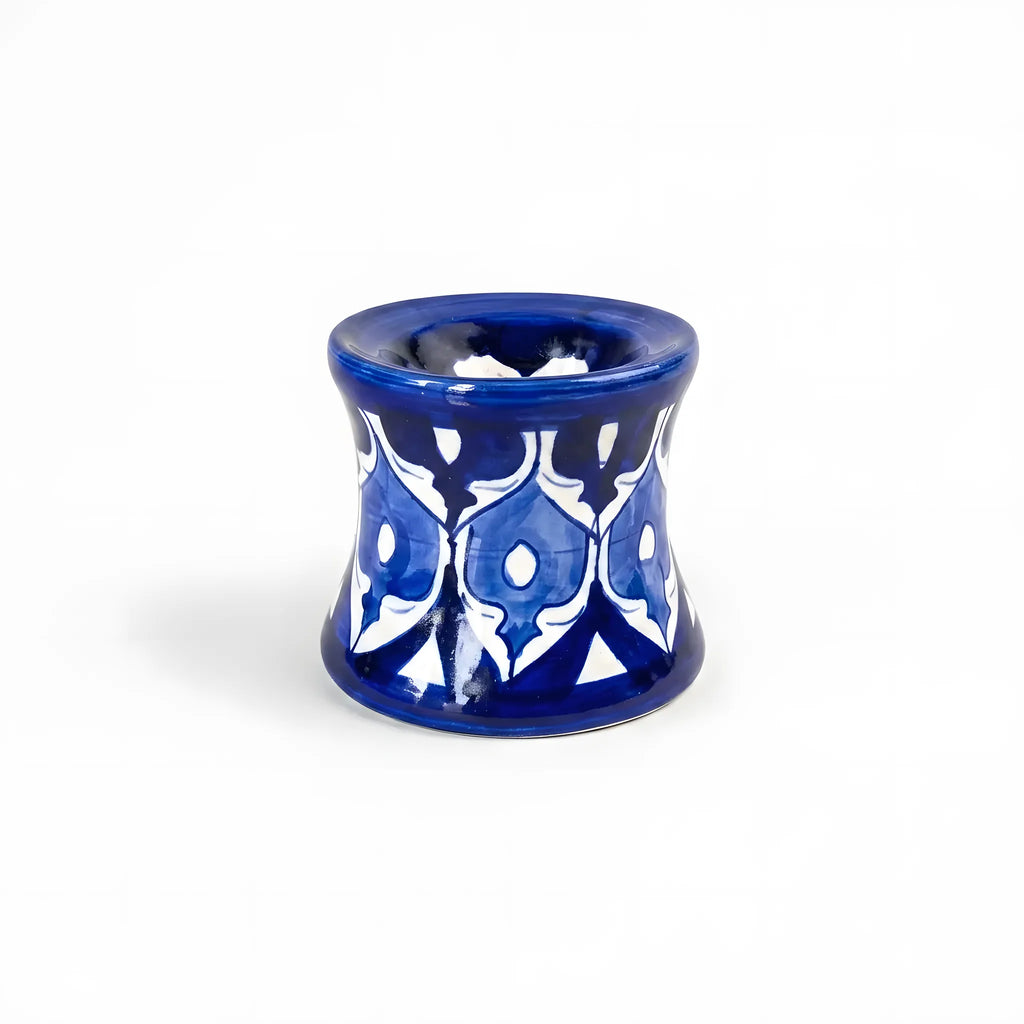 Blue Pottery Ceramic Candle Stand - 3 Inch (White Daisy & Pointed Leaf Design)