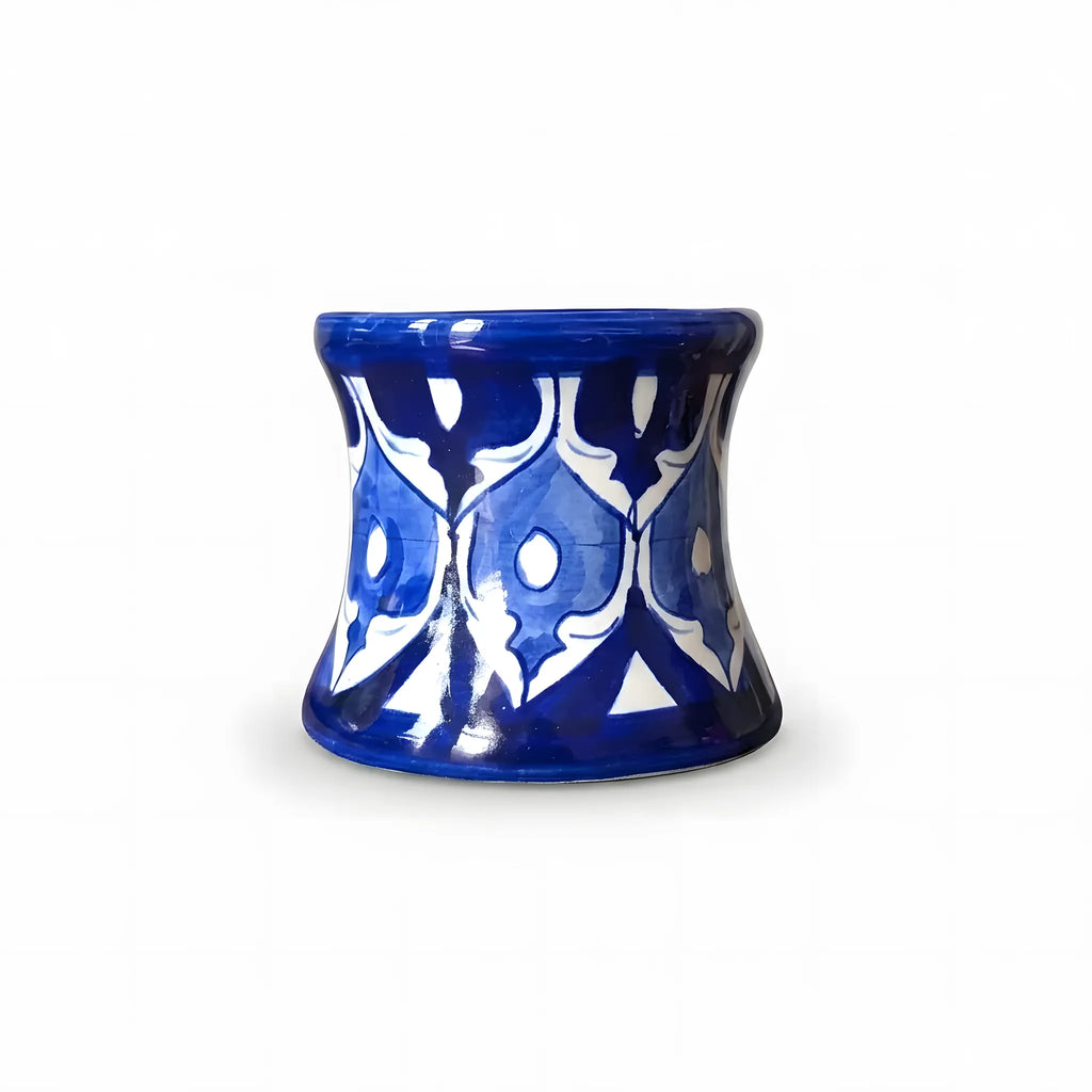 Blue Pottery Ceramic Candle Stand - 3 Inch (White Daisy & Pointed Leaf Design)
