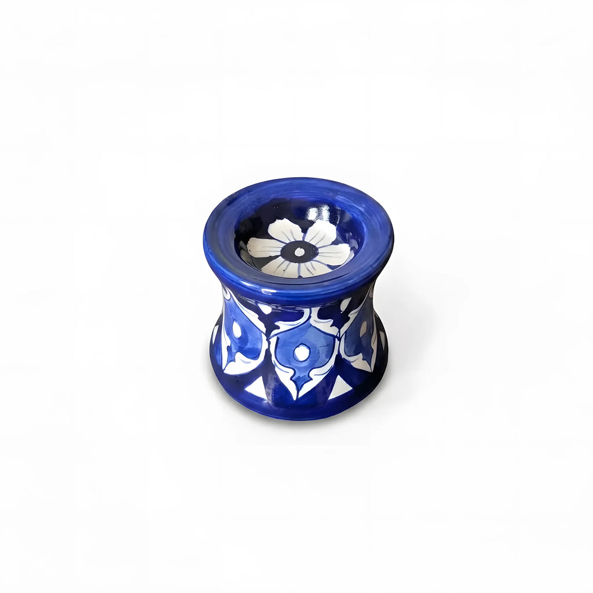 Blue Pottery Ceramic Candle Stand - 3 Inch (White Daisy & Pointed Leaf Design)