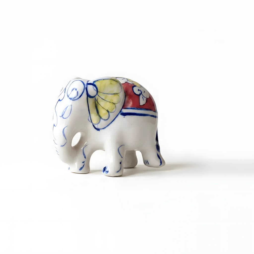 Hand-Painted Ceramic Elephant Figurine – 4" Decorative Blue Pottery Home Decor (Floral Saddle Design)