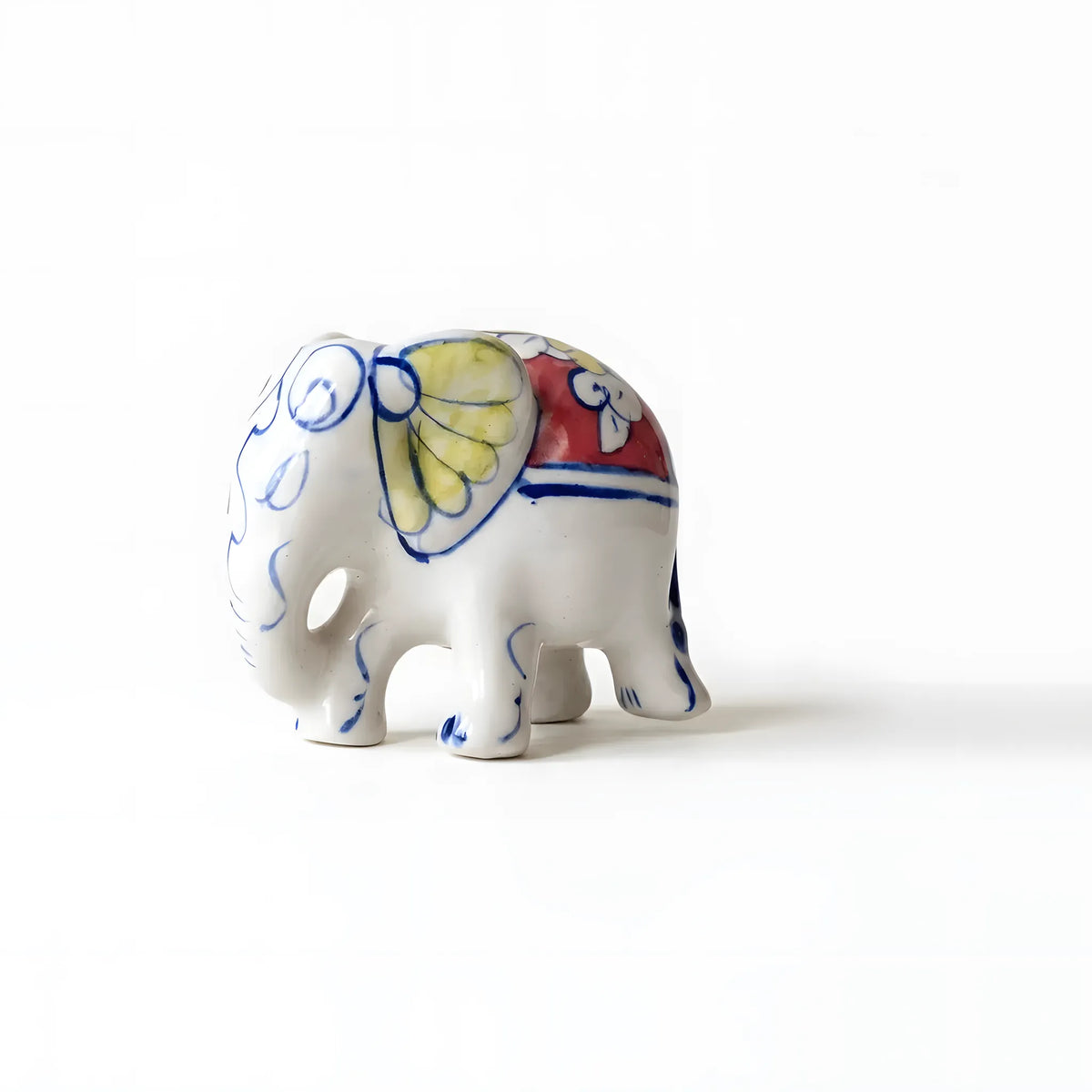 Hand-Painted Ceramic Elephant Figurine – 4" Decorative Blue Pottery Home Decor (Floral Saddle Design)