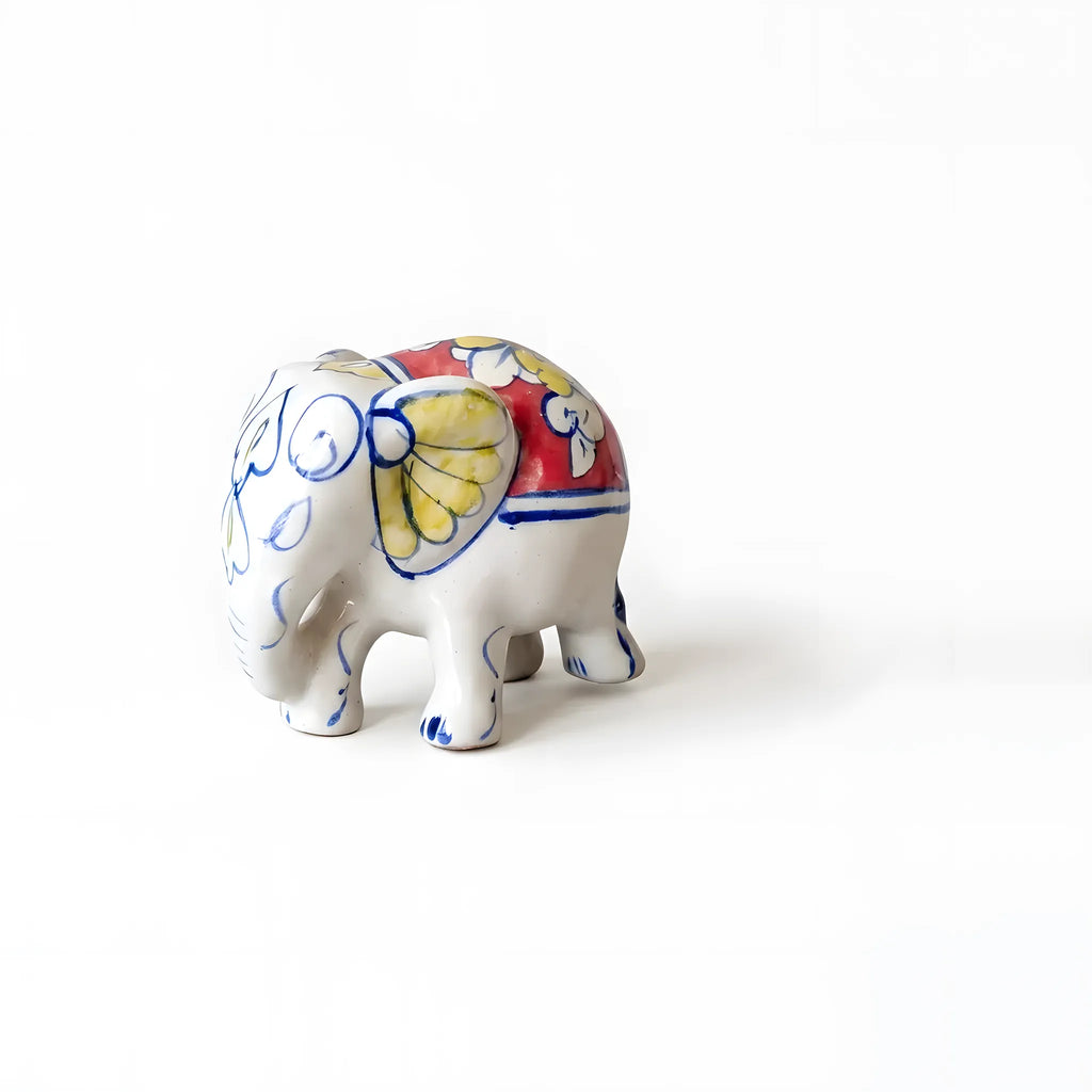 Hand-Painted Ceramic Elephant Figurine – 4" Decorative Blue Pottery Home Decor (Floral Saddle Design)