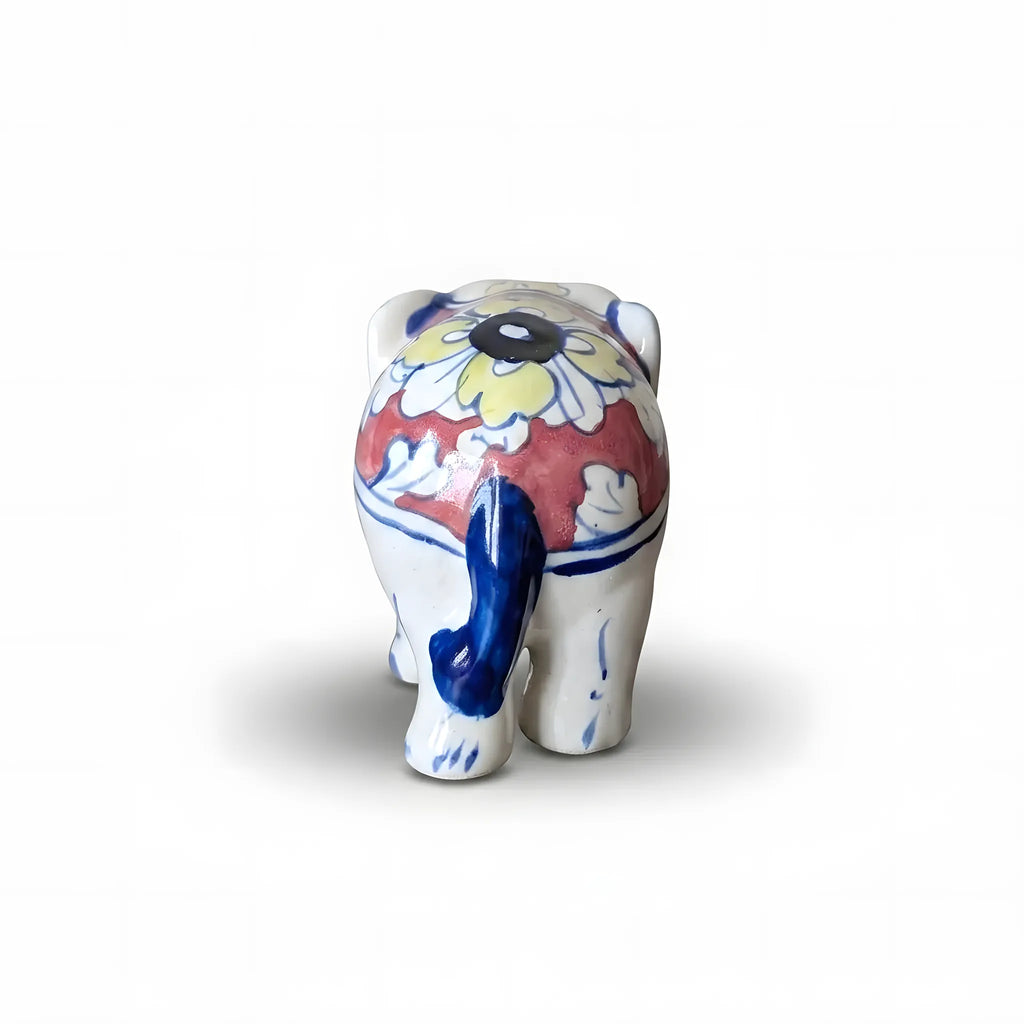 Hand-Painted Ceramic Elephant Figurine – 4" Decorative Blue Pottery Home Decor (Floral Saddle Design)
