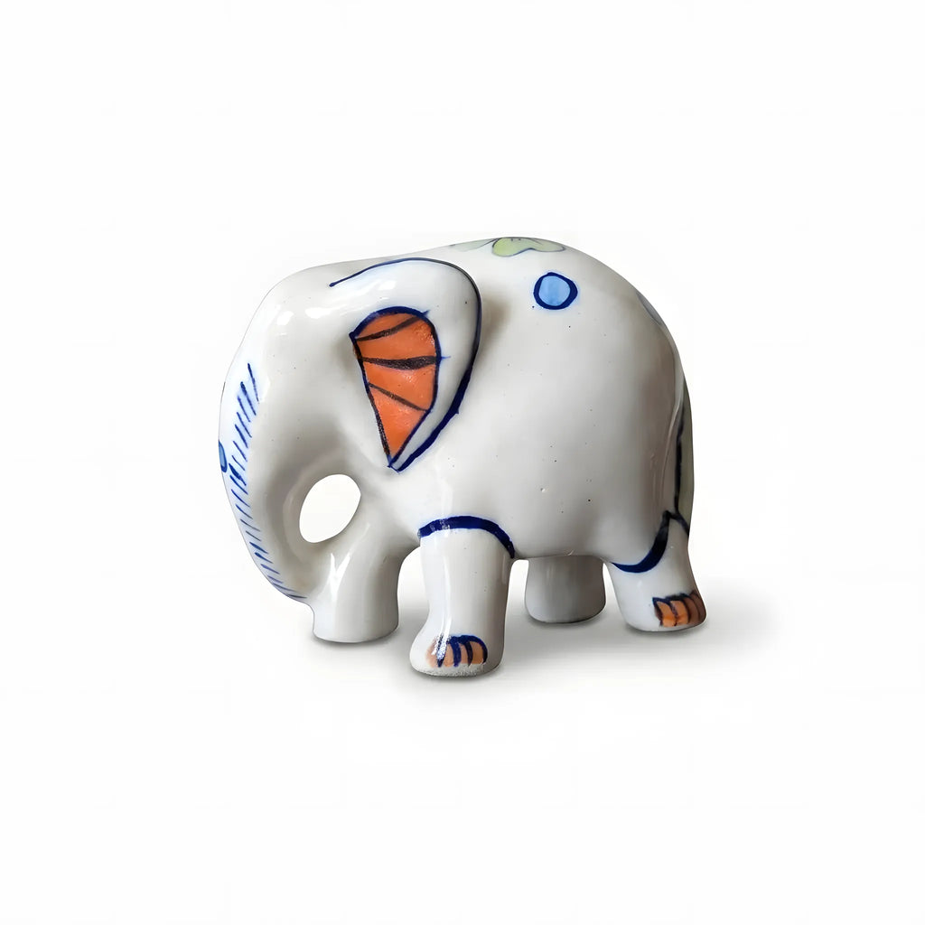 Hand-Painted Ceramic Elephant Figurine – 4" Decorative Blue Pottery Home Decor (Orange Ear Design)