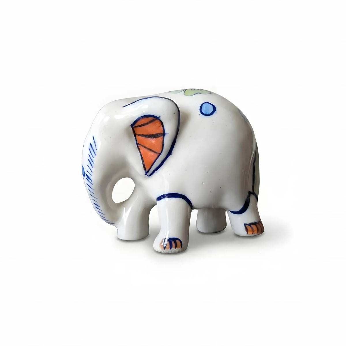 Hand-Painted Ceramic Elephant Figurine – 4" Decorative Blue Pottery Home Decor (Orange Ear Design)