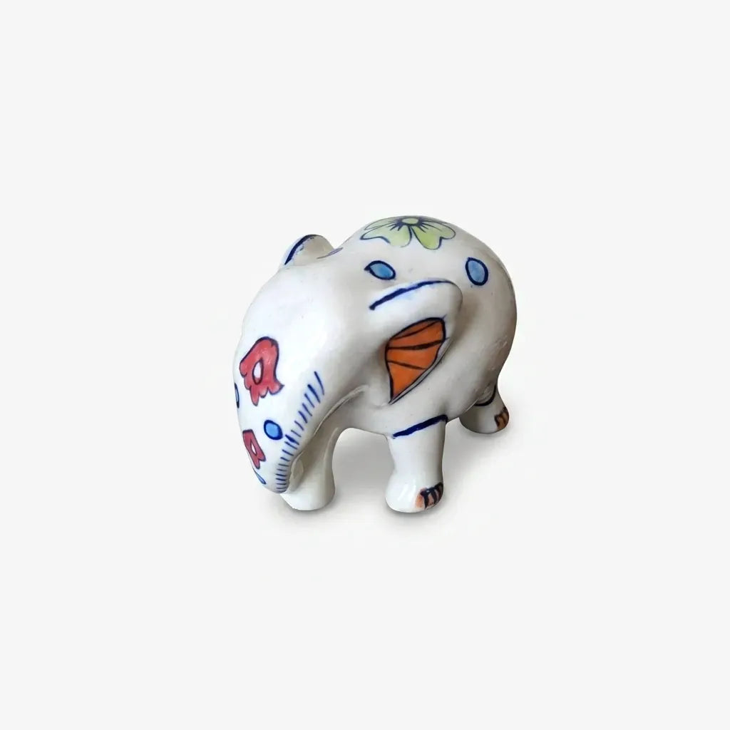 Hand-Painted Ceramic Elephant Figurine – 4" Decorative Blue Pottery Home Decor (Orange Ear Design)