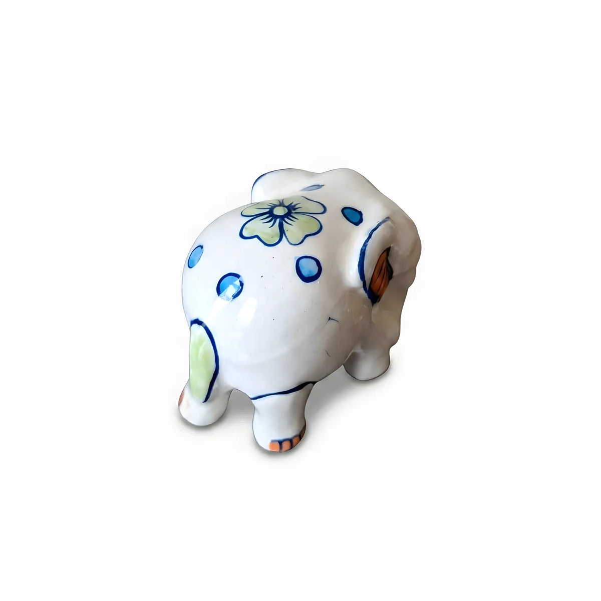 Hand-Painted Ceramic Elephant Figurine – 4" Decorative Blue Pottery Home Decor (Orange Ear Design)