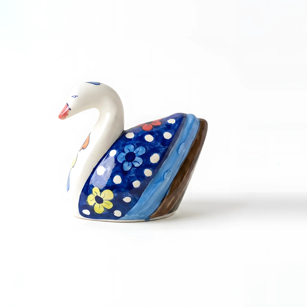 Hand-Painted Ceramic Swan Figurine – 7" Decorative Pottery Bird (Floral Wing Design)