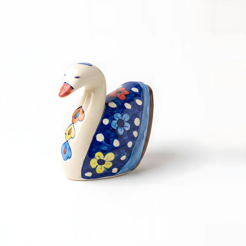 Hand-Painted Ceramic Swan Figurine – 7" Decorative Pottery Bird (Floral Wing Design)
