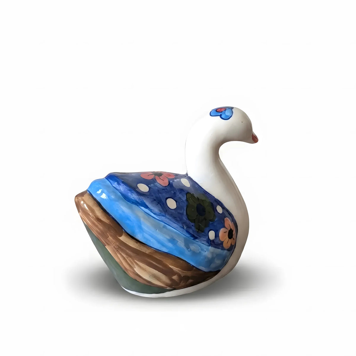 Hand-Painted Ceramic Swan Figurine – 7" Decorative Pottery Bird (Floral Wing Design)