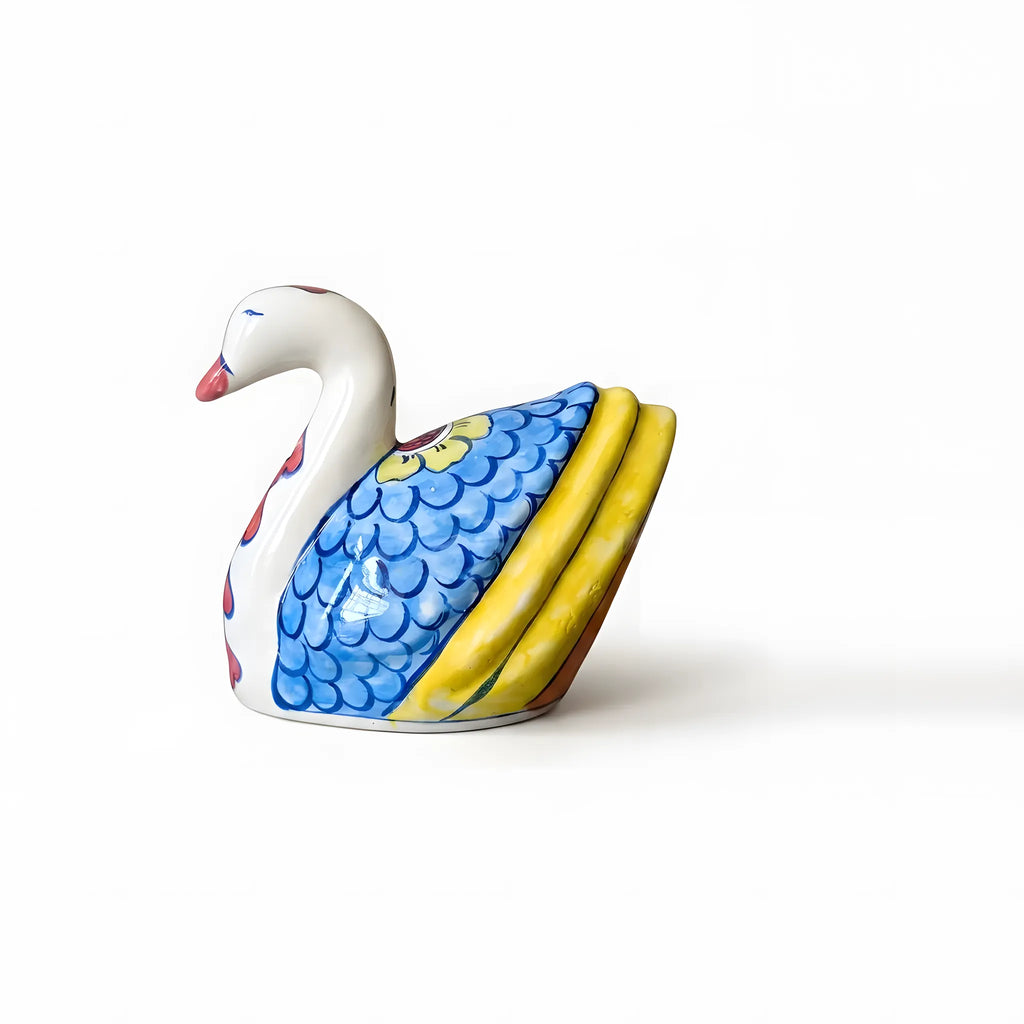 Hand-Painted Ceramic Swan Figurine – 7" Decorative Pottery Bird (Scale Wing Design)