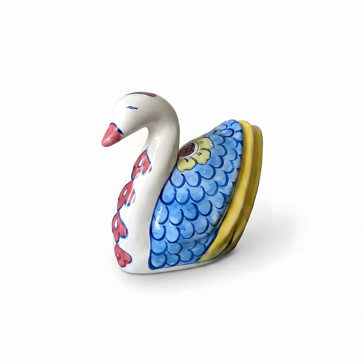 Hand-Painted Ceramic Swan Figurine – 7" Decorative Pottery Bird (Scale Wing Design)
