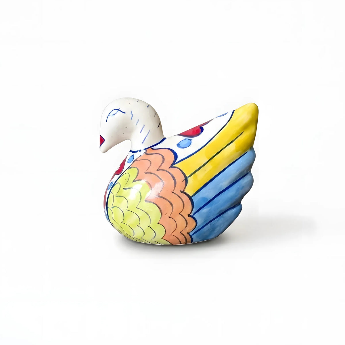 Hand-Painted Ceramic Swan Figurine – 5" Decorative Pottery Bird (Scalloped Feather Design)