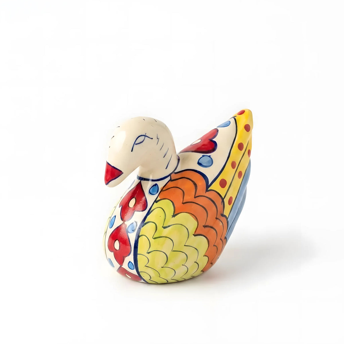 Hand-Painted Ceramic Swan Figurine – 5" Decorative Pottery Bird (Scalloped Feather Design)