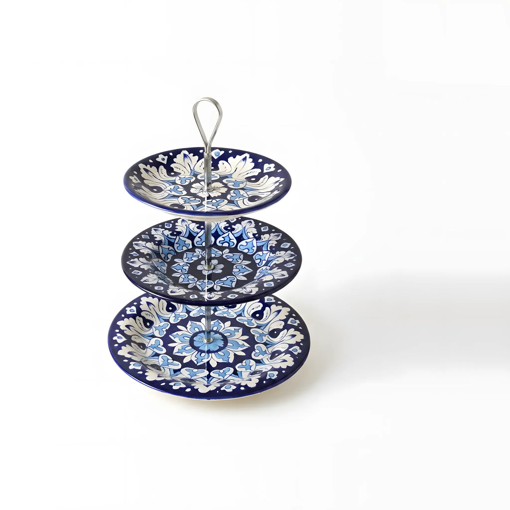 Blue Pottery 3-Tier Cake Stand – Hand-Painted Ceramic Dessert & Snack Stand (Cobalt Swirl Floral)