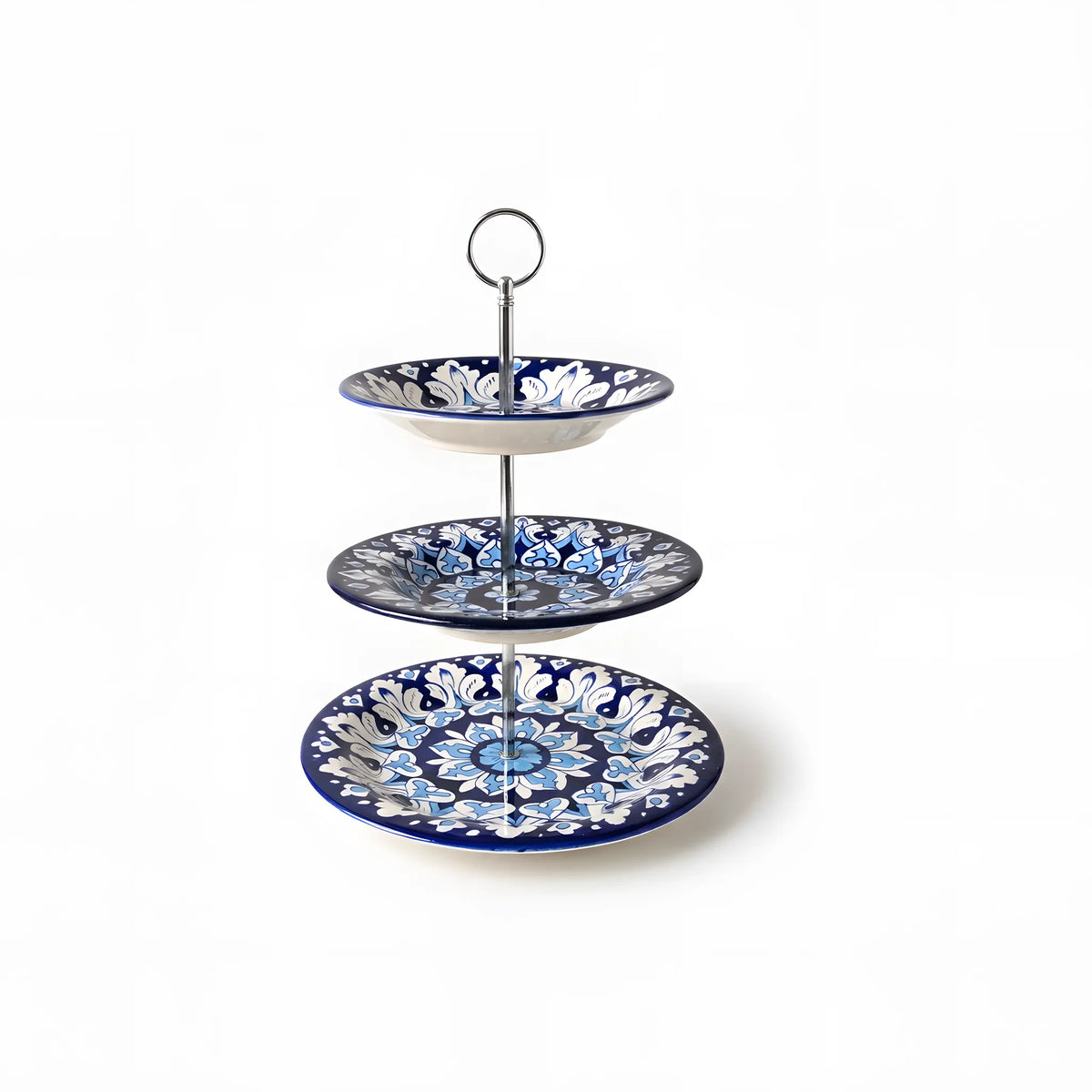 Blue Pottery 3-Tier Cake Stand – Hand-Painted Ceramic Dessert & Snack Stand (Cobalt Swirl Floral)