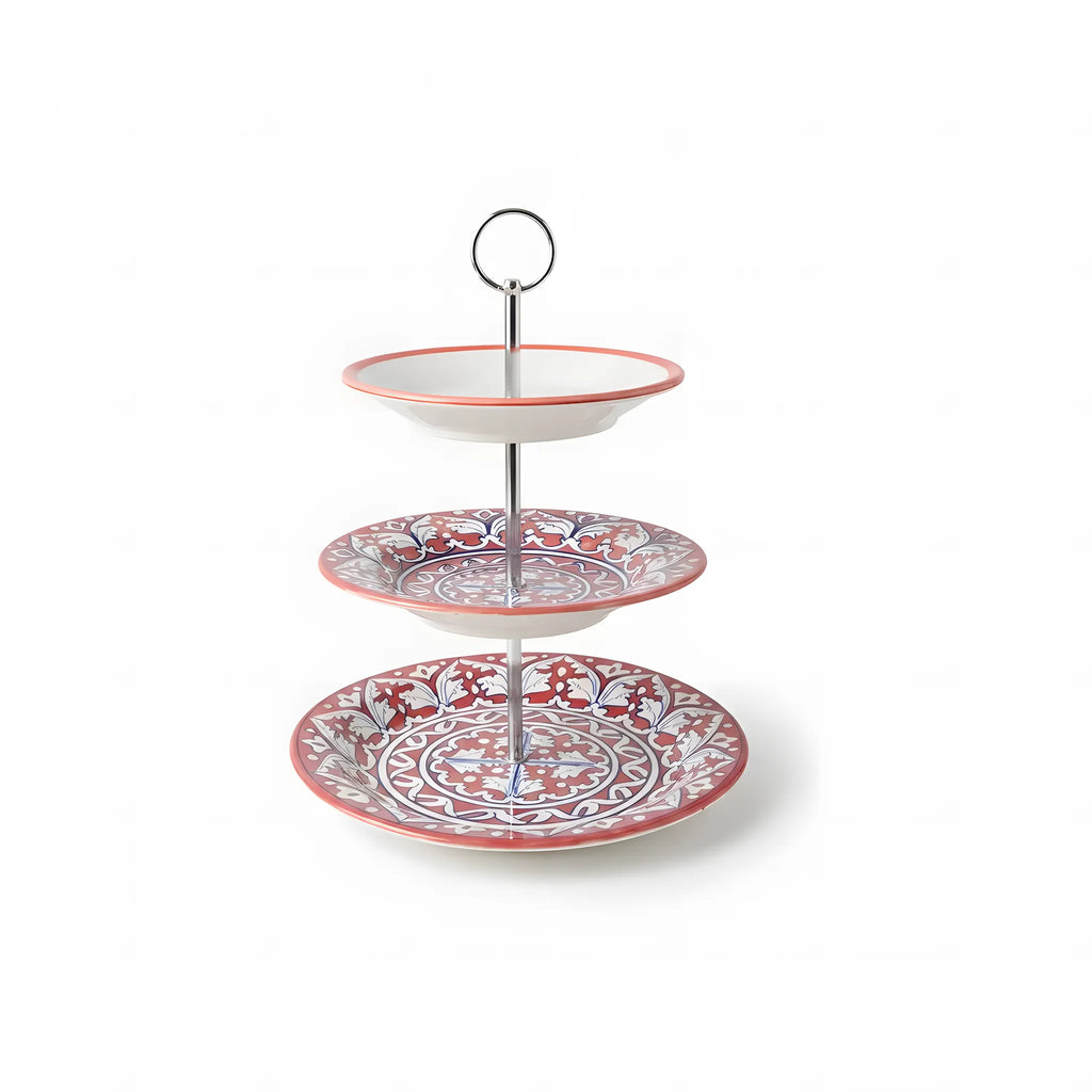 Multani Pottery 3-Tier Cake Stand – Hand-Painted Ceramic Dessert & Snack Stand (Coral Floral Design)