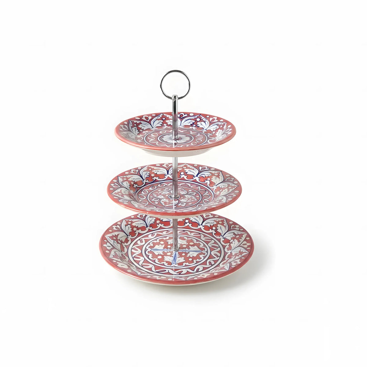Multani Pottery 3-Tier Cake Stand – Hand-Painted Ceramic Dessert & Snack Stand (Coral Floral Design)