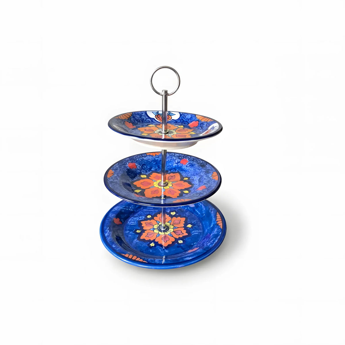 Blue Pottery 3-Tier Cake Stand – Hand-Painted Ceramic Dessert & Snack Stand (Orange Blossom on Cobalt Swirl)