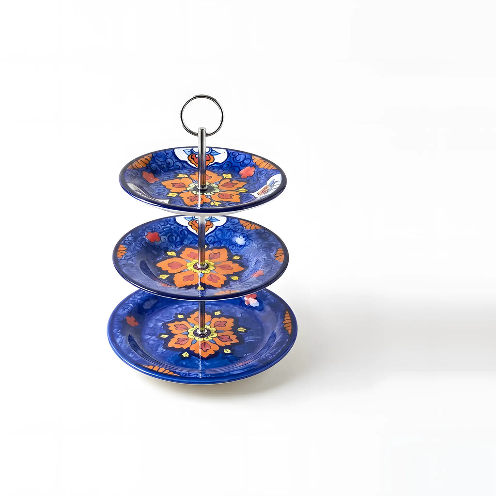 Blue Pottery 3-Tier Cake Stand – Hand-Painted Ceramic Dessert & Snack Stand (Orange Blossom on Cobalt Swirl)