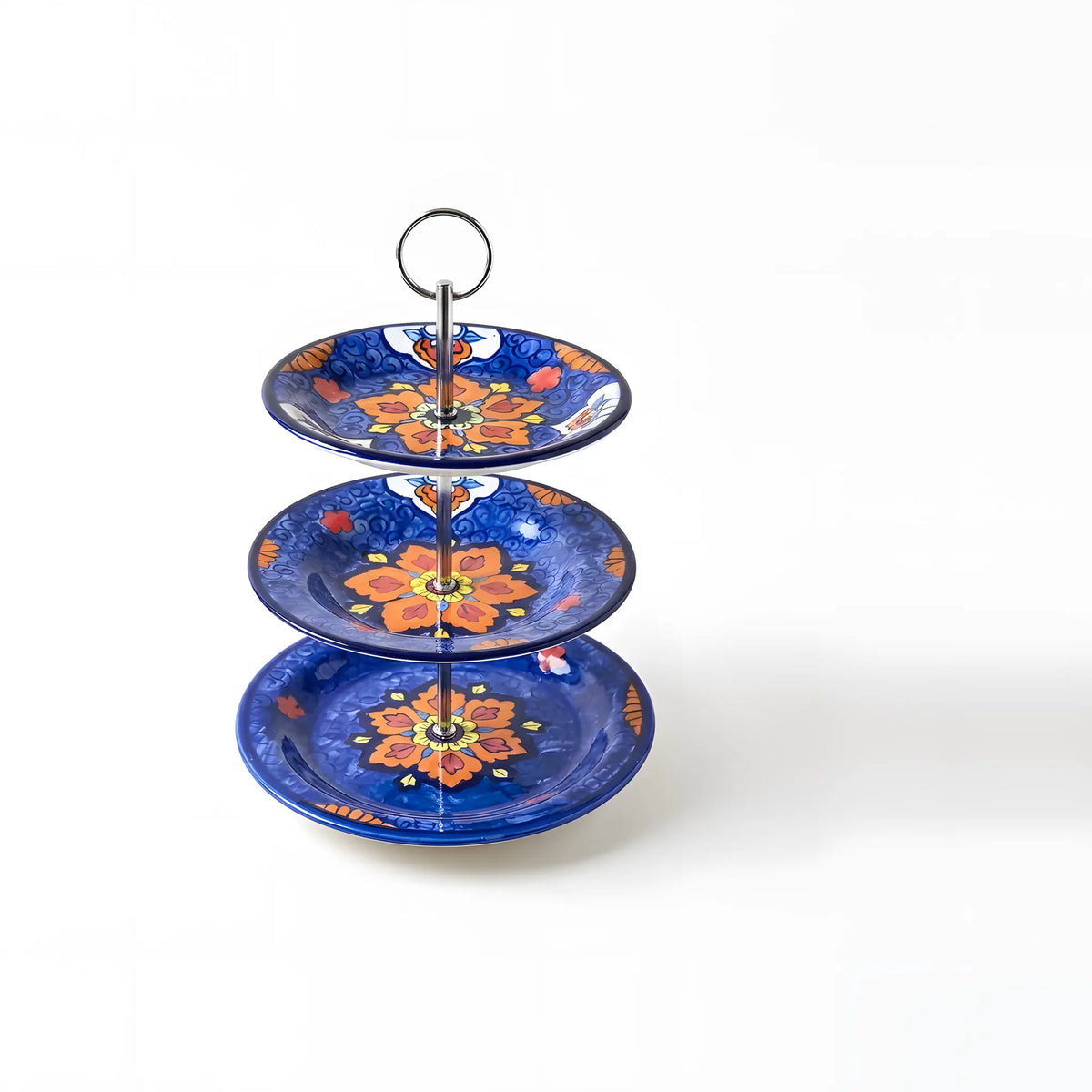 Blue Pottery 3-Tier Cake Stand – Hand-Painted Ceramic Dessert & Snack Stand (Orange Blossom on Cobalt Swirl)