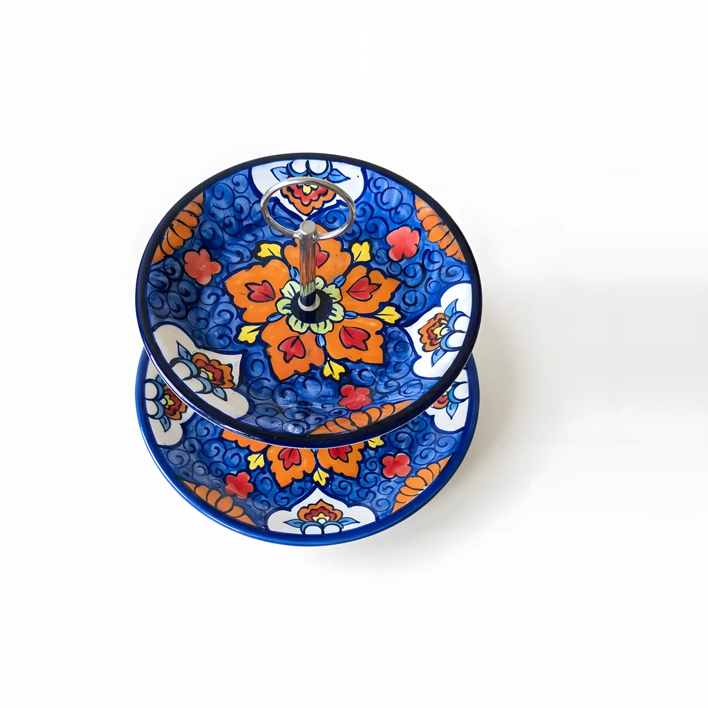 Blue Pottery 3-Tier Cake Stand – Hand-Painted Ceramic Dessert & Snack Stand (Orange Blossom on Cobalt Swirl)