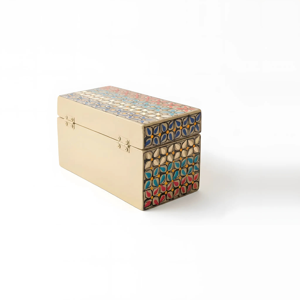 Ivory Swati hand-painted wooden keepsake box 8x4x4 inch, floral tile lattice