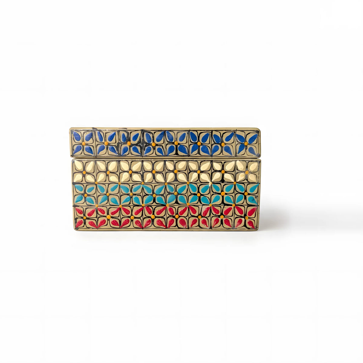 Ivory Swati hand-painted wooden keepsake box 8x4x4 inch, floral tile lattice - view 2