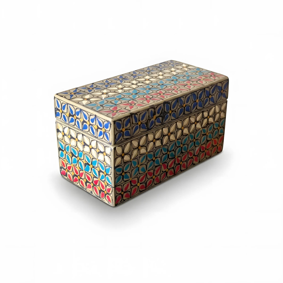 Ivory Swati hand-painted wooden keepsake box 8x4x4 inch, floral tile lattice - view 3