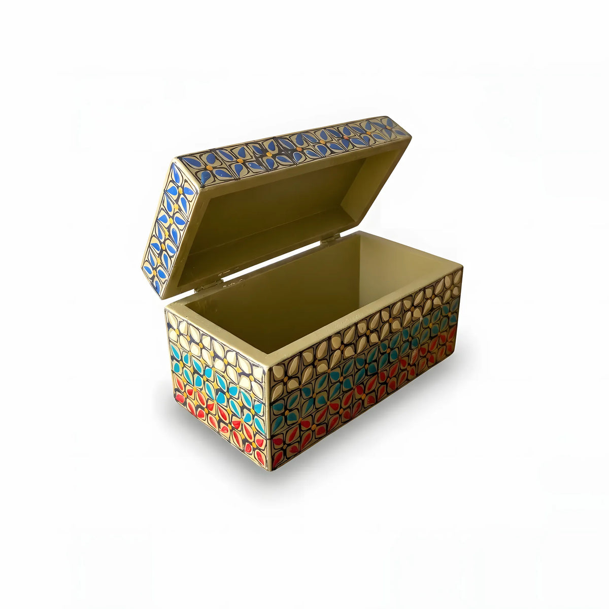 Ivory Swati hand-painted wooden keepsake box 8x4x4 inch, floral tile lattice - view 4