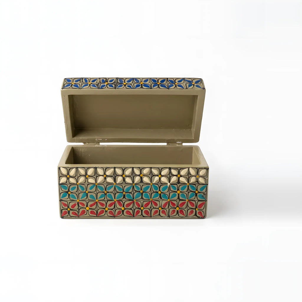 Ivory Swati hand-painted wooden keepsake box 8x4x4 inch, floral tile lattice - view 5