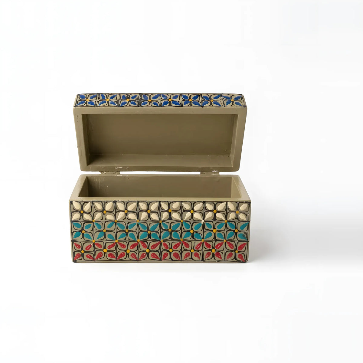 Ivory Swati hand-painted wooden keepsake box 8x4x4 inch, floral tile lattice - view 5