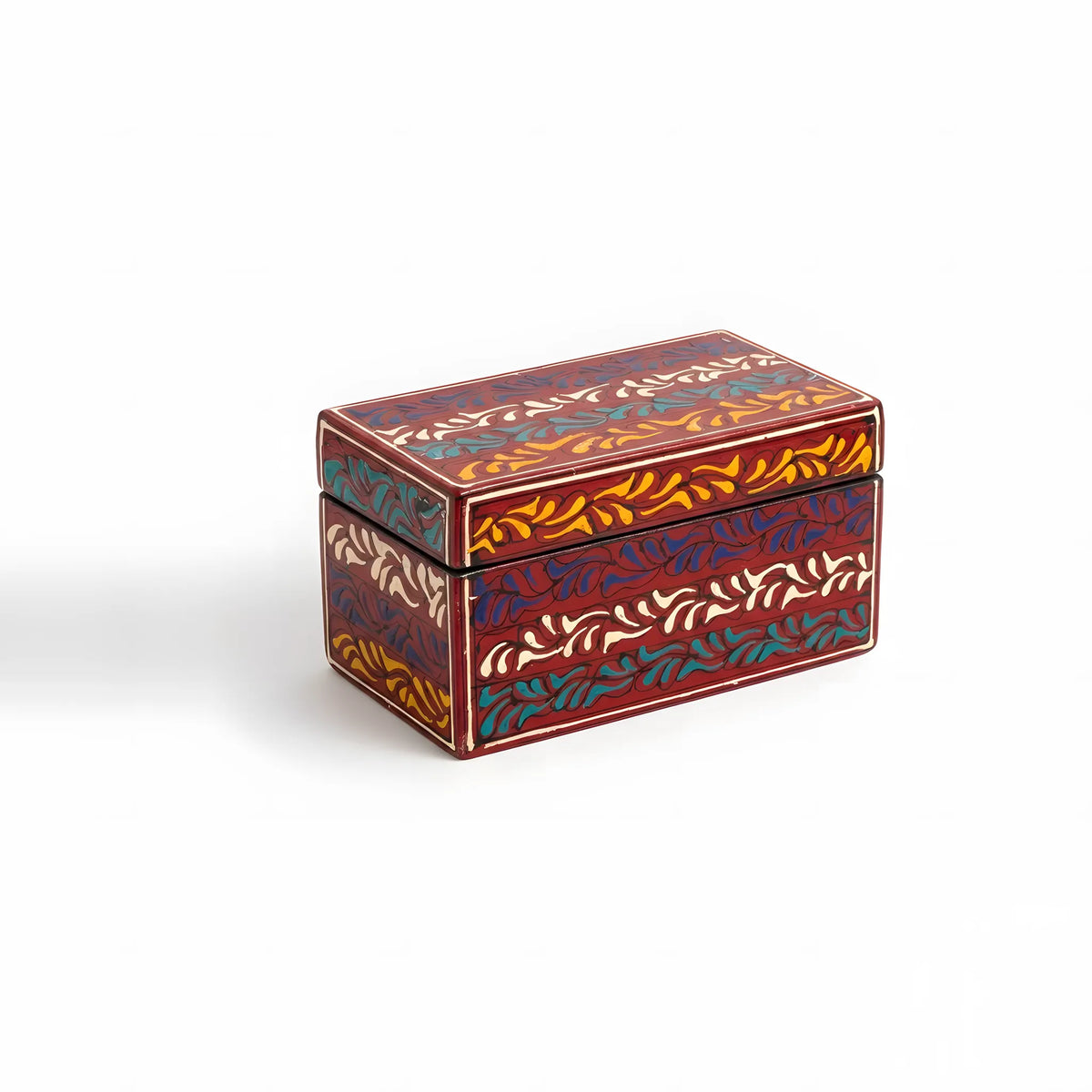Crimson Swati hand-painted wooden keepsake box 8x4x4 inch, banded scrollwork - view 2