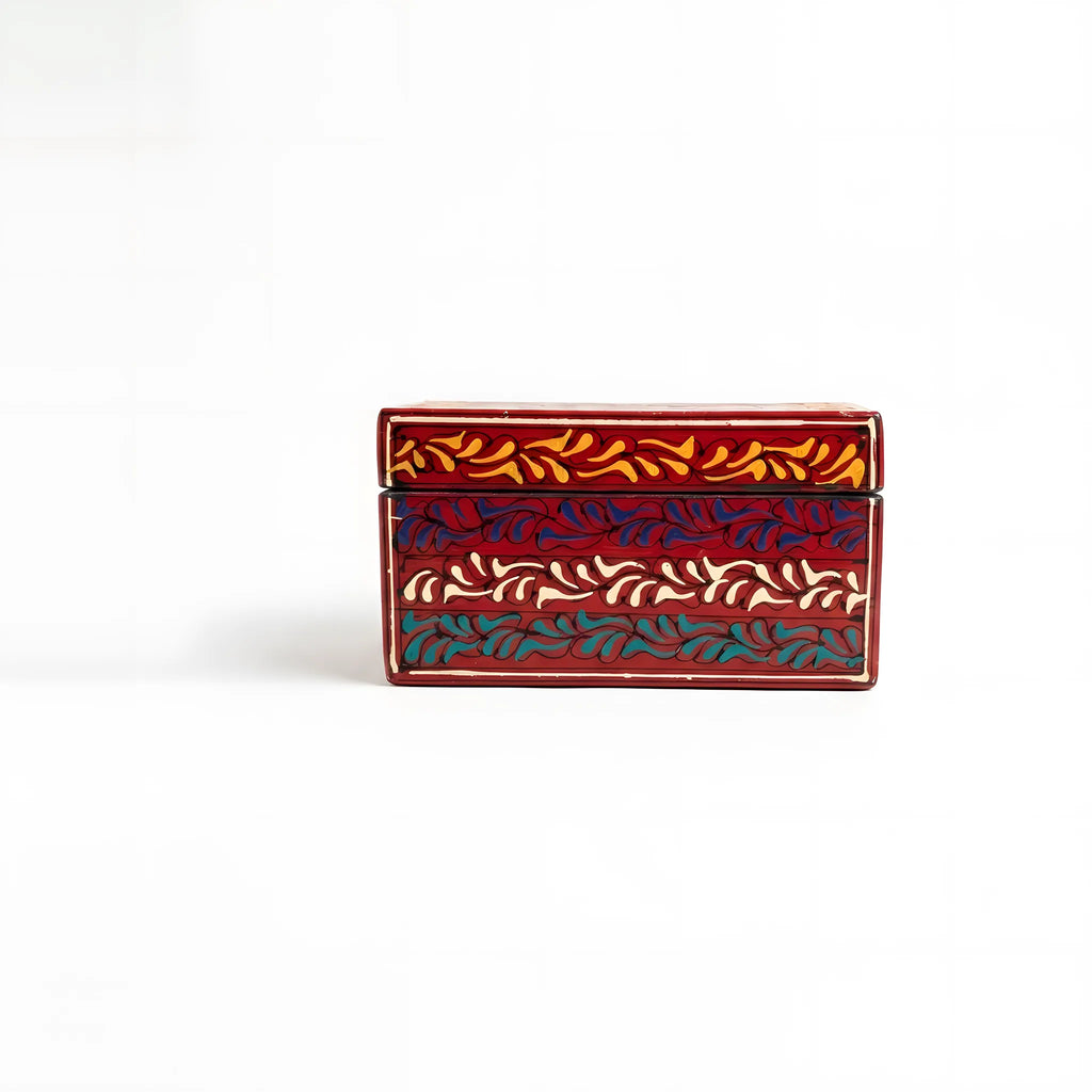 Crimson Swati hand-painted wooden keepsake box 8x4x4 inch, banded scrollwork - view 4