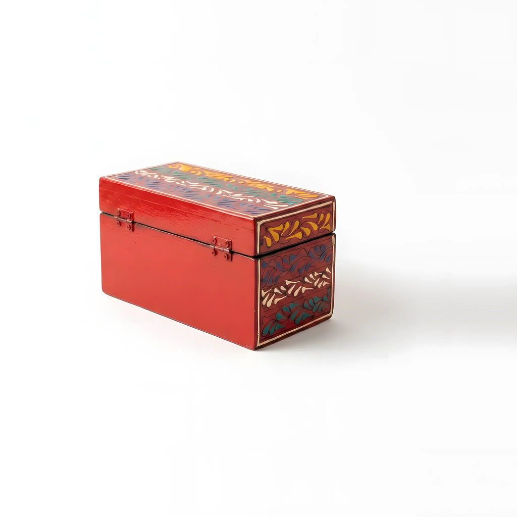 Crimson Swati hand-painted wooden keepsake box 8x4x4 inch, banded scrollwork - view 5