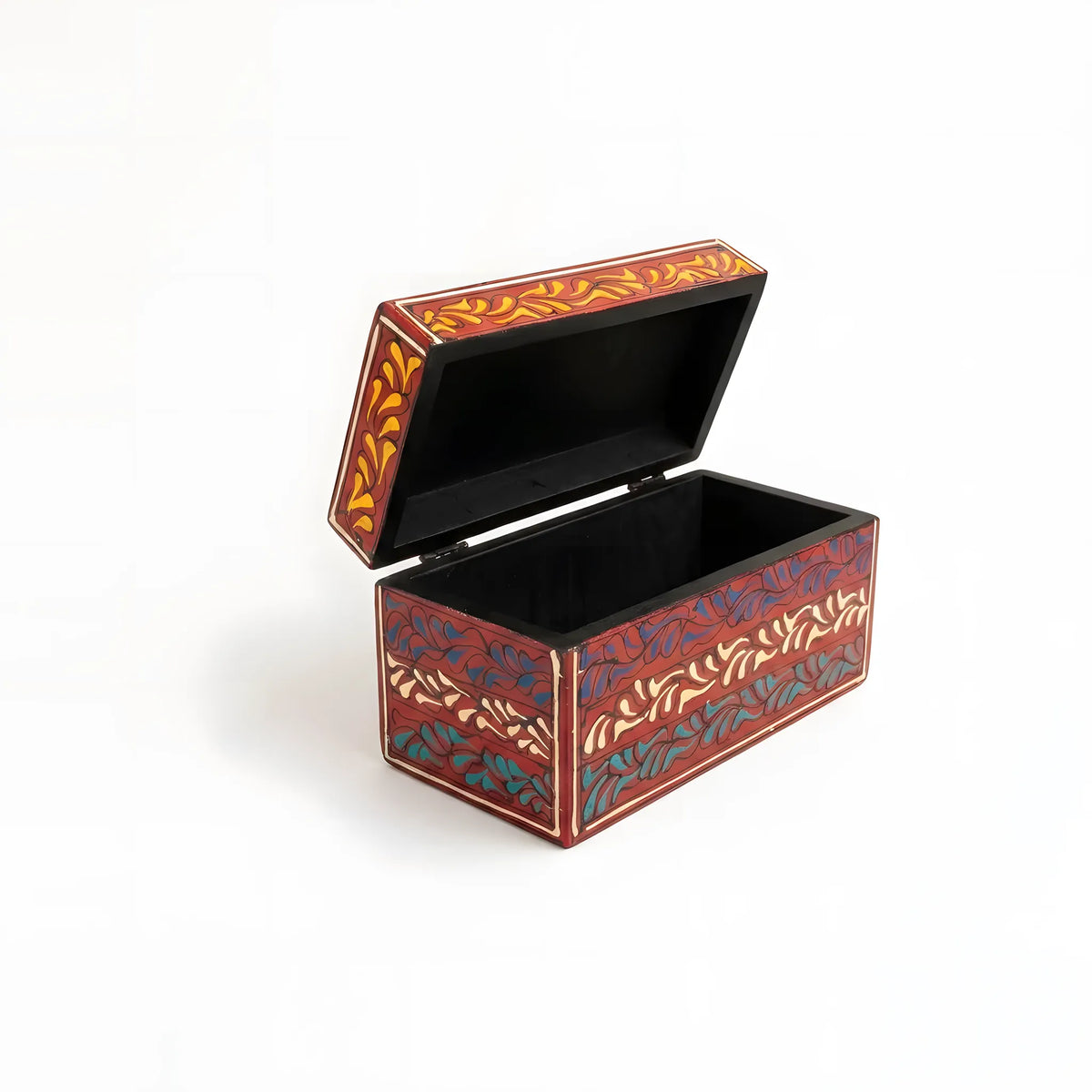 Crimson Swati hand-painted wooden keepsake box 8x4x4 inch, banded scrollwork - view 6