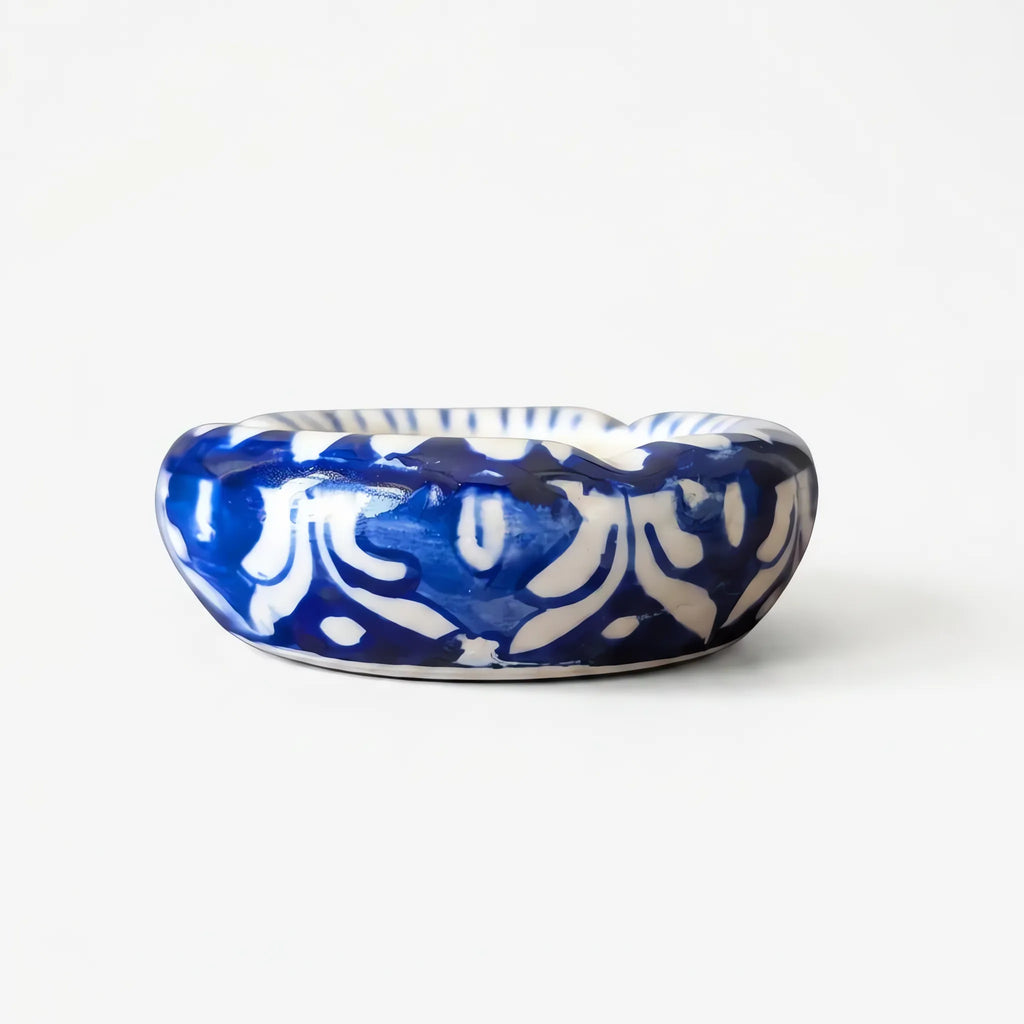 Blue Pottery Ashtray - 3 Inch Hand-Painted Ceramic Ashtray & Desk Dish (Cobalt Scallop Design)