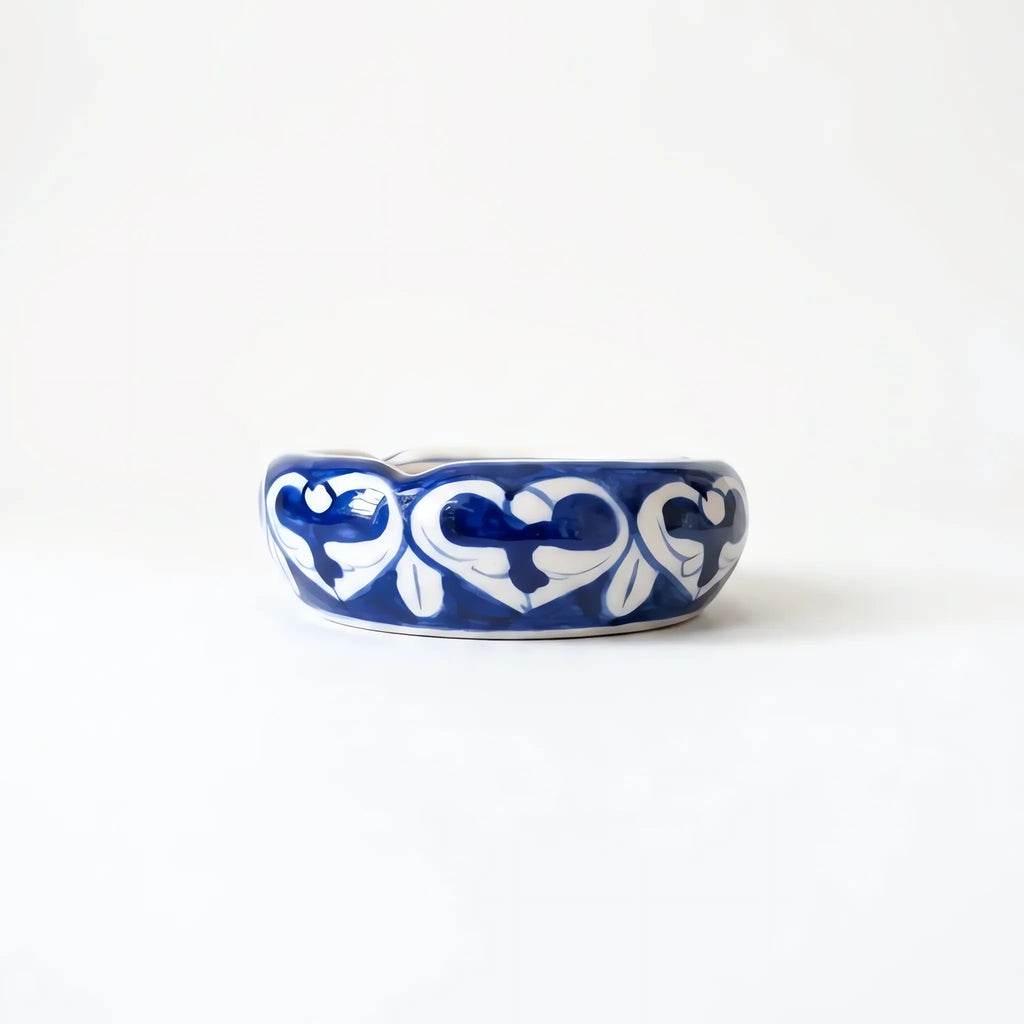 Blue Pottery Ashtray - 3 Inch Hand-Painted Ceramic Ashtray & Desk Dish (Heart Scroll Design)